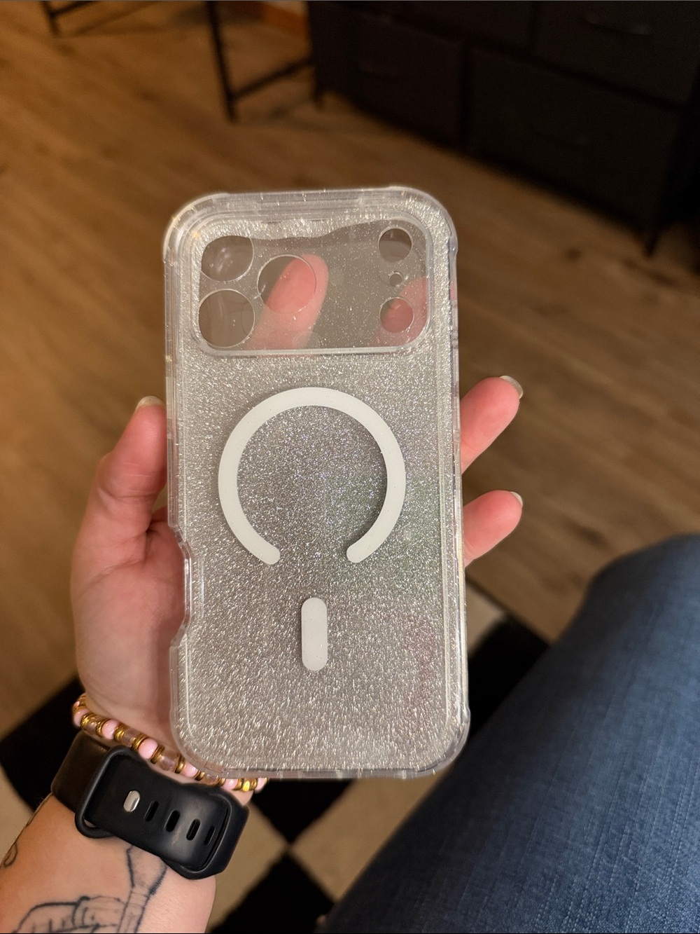 Clear Glitter MagSafe-Compatible Phone Case with White Ring